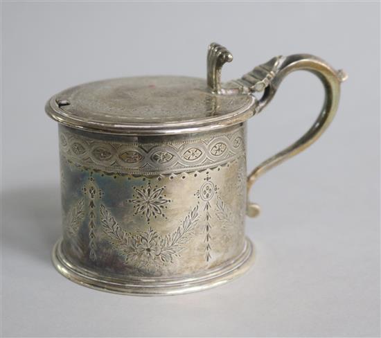 A Victorian silver drum mustard, with clear glass liner, by Crespell & Parker, London, 1871.	